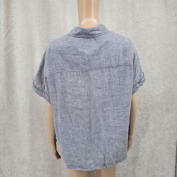 Lola River Gray Linen Tencel Button Down Cuffed Short Drop Sleeve Top Blouse - Picture 4 of 9